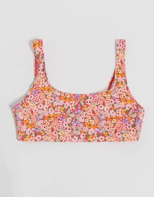 Monki Nilla recycled polyester scoop neck floral print bikini top in ...