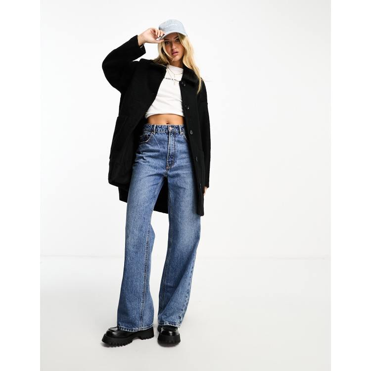 Monki Nimra relaxed longline coat with buttons in black ASOS