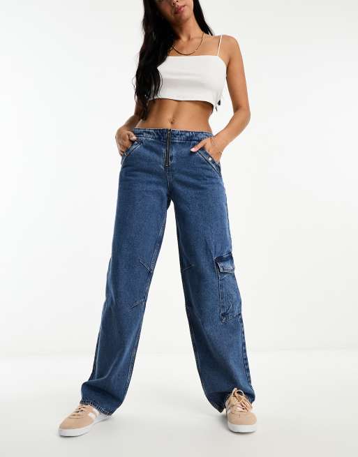 Denim Revolution Mid Blue Cargo Denim Wide Leg Stretch Jean