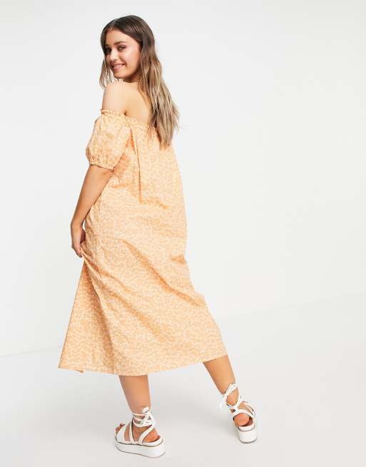 Monki - Noa - Vestito midi con scollo alla Bardot e maniche a sbuffo pesca a fiori, 2 di 4