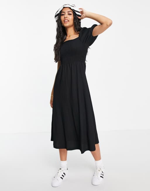 Monki Noelle smocked puff sleeve midi dress in black ASOS