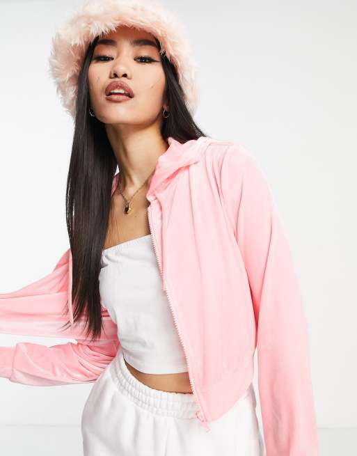 Monki Nomi polyester velvet zip up hoodie in pink (part of a set ...