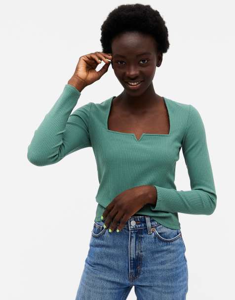 Monki Nonna cotton ribbed square neck top in dusty green - view 1
