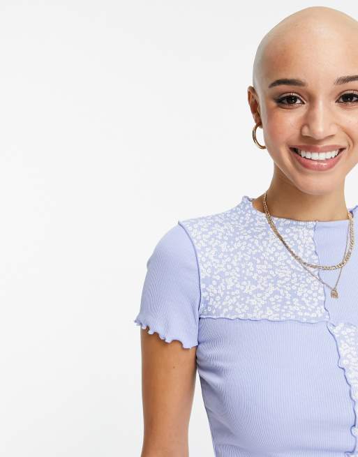 Monki Nova cotton floral patch lettuce hem top in blue