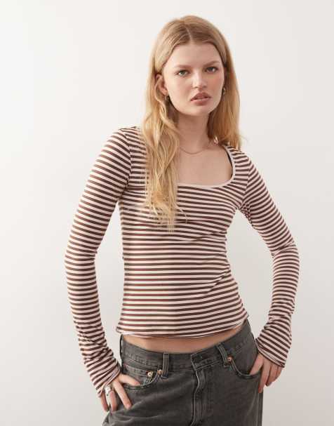 Monki - Nova - Langærmet top med brune/lyserøde striber - view 1