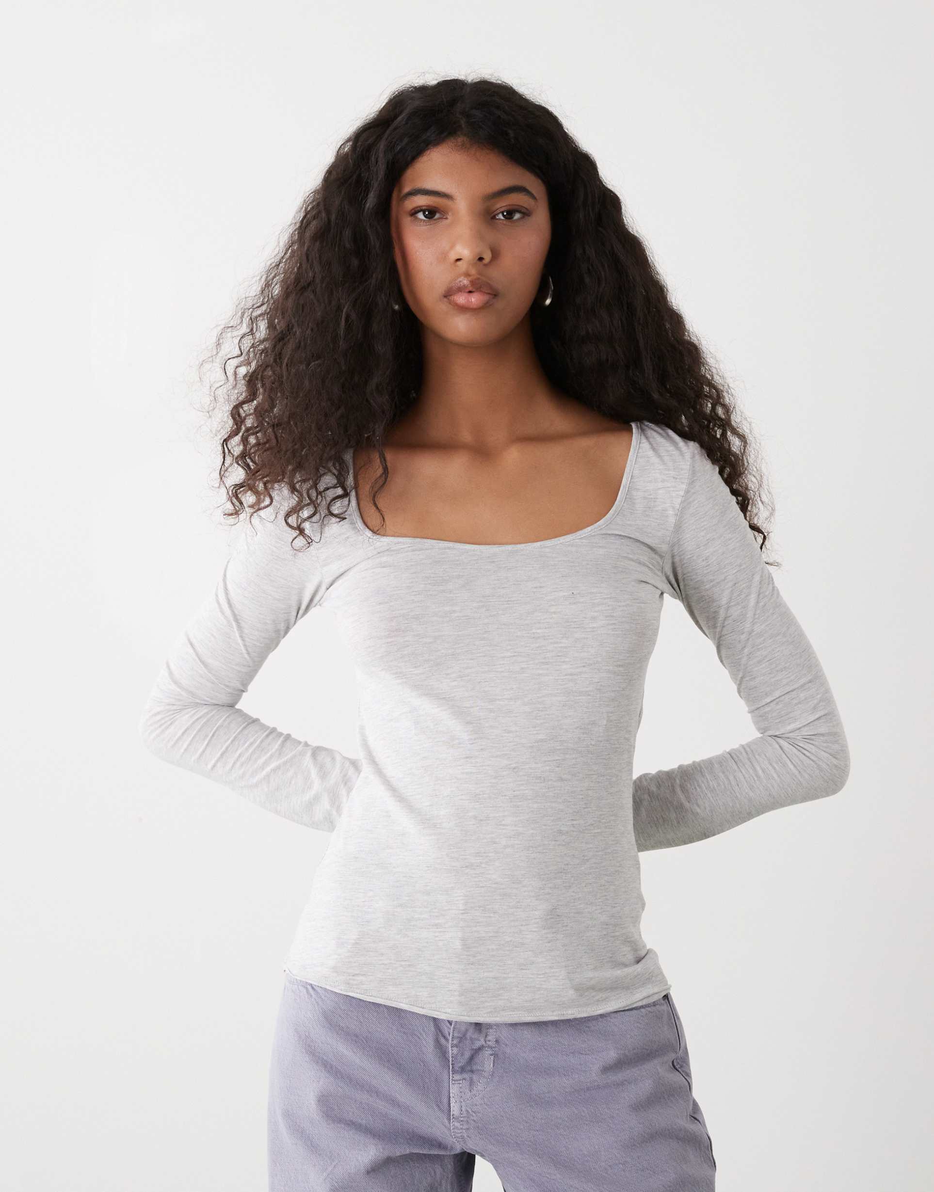 monki nova long sleeve scoopneck top in gray melange
