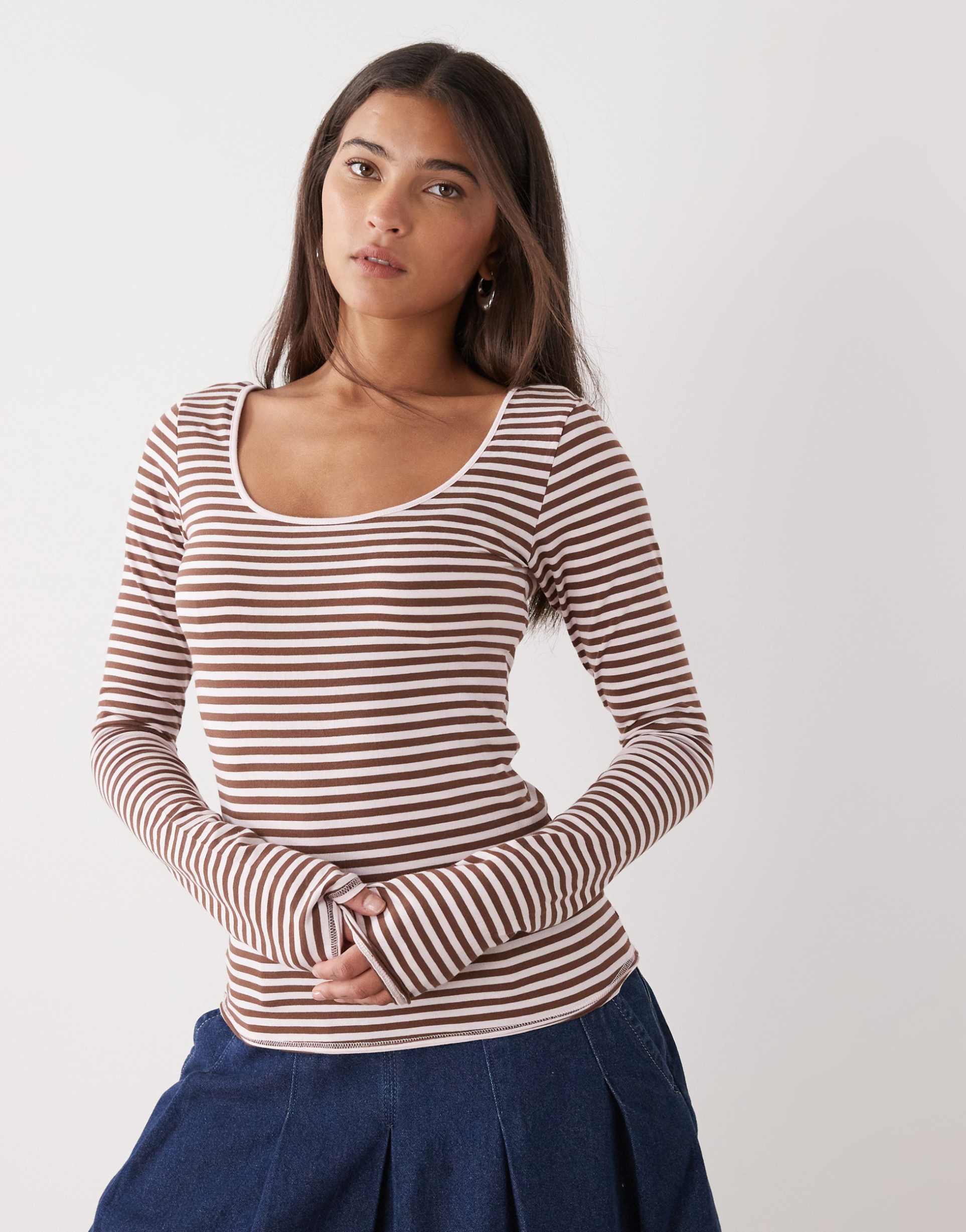 monki nova long sleeve top in brown and pink stripes