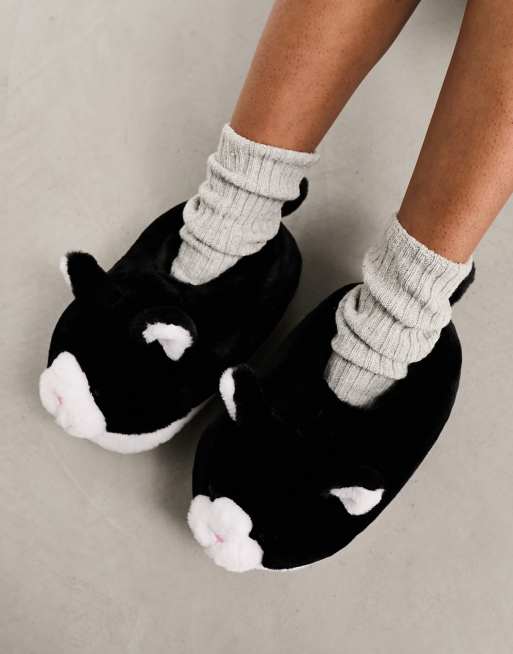 Monki novelty kitty slippers in black