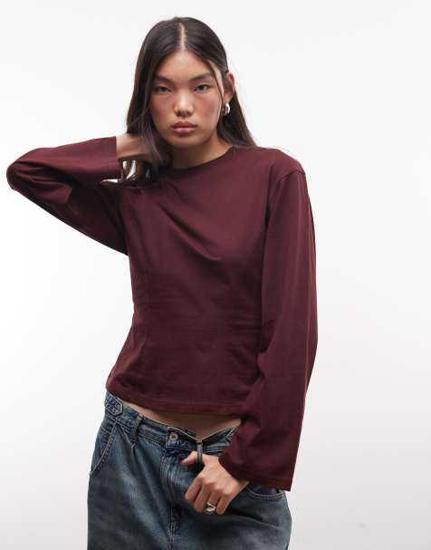 Monki Oberteil mit Konturnaht und langen Ärmeln in Burgunderrot - view 1