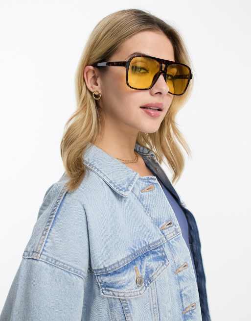 Monki - Occhiali da sole oversize squadrati anni '70 arancioni con lenti gialle