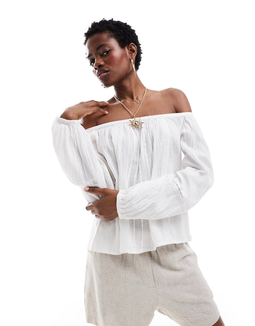Monki off shoulder blouse with pleated bodice and volume sleeves in white