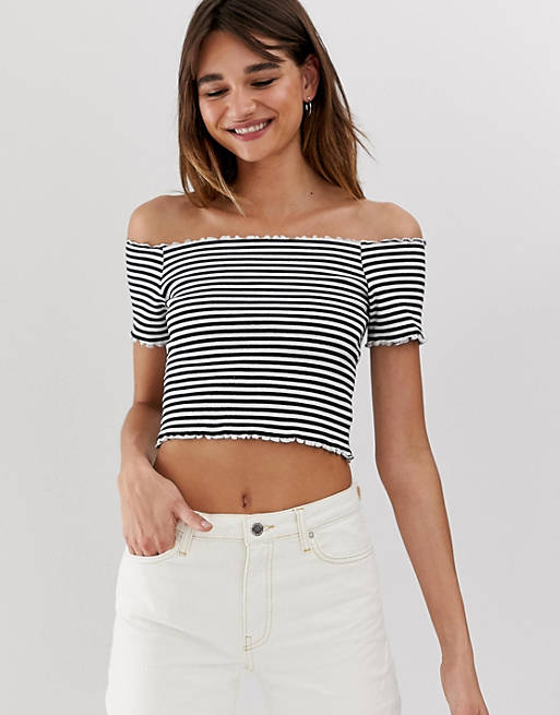 Monki off shoulder cropped t-shirt in black and white stripe