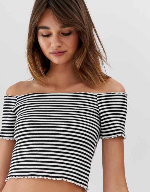 Black and white striped store off the shoulder shirt