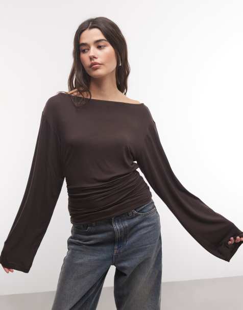 Monki off shoulder long sleeve top in chocolate brown