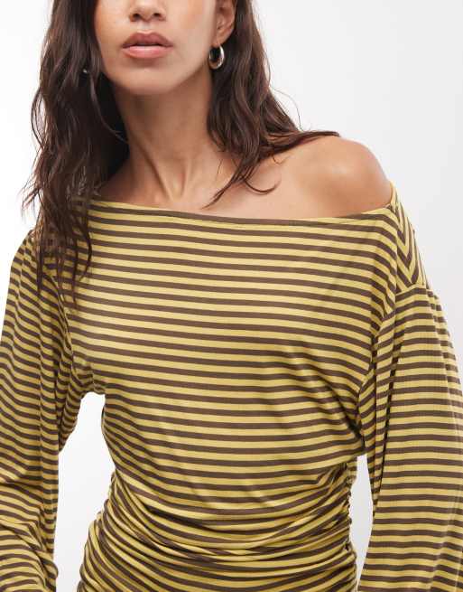 Monki off shoulder long sleeve top in yellow stripe, 3 of 4