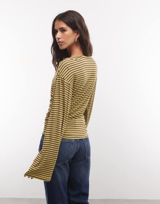 Monki off shoulder long sleeve top in yellow stripe, 4 of 4