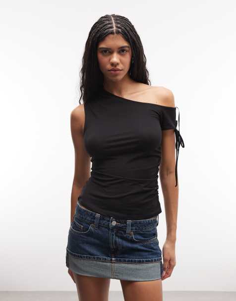 Monki off shoulder ruched top in black - view 1