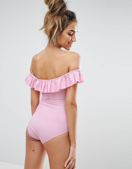 Monki Off Shoulder Ruffle Swimsuit