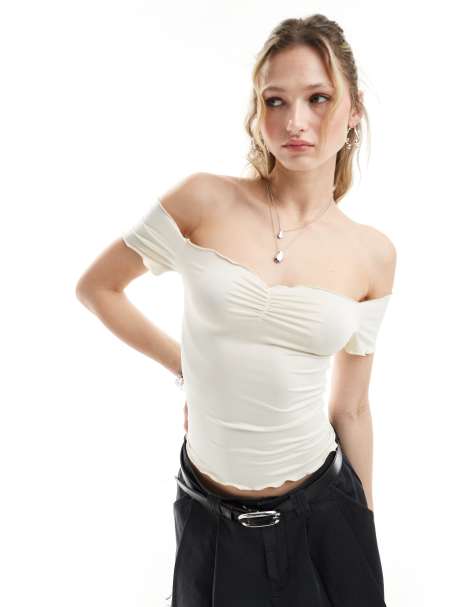 Monki off shoulder top with lettuce edge and ruched sweetheart front in beige - view 1