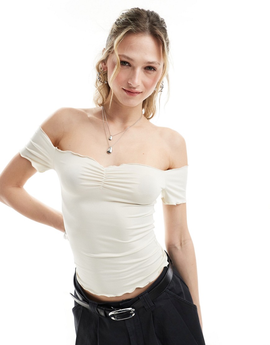 Monki off shoulder top with lettuce edge and ruched sweetheart front in beige-Neutral