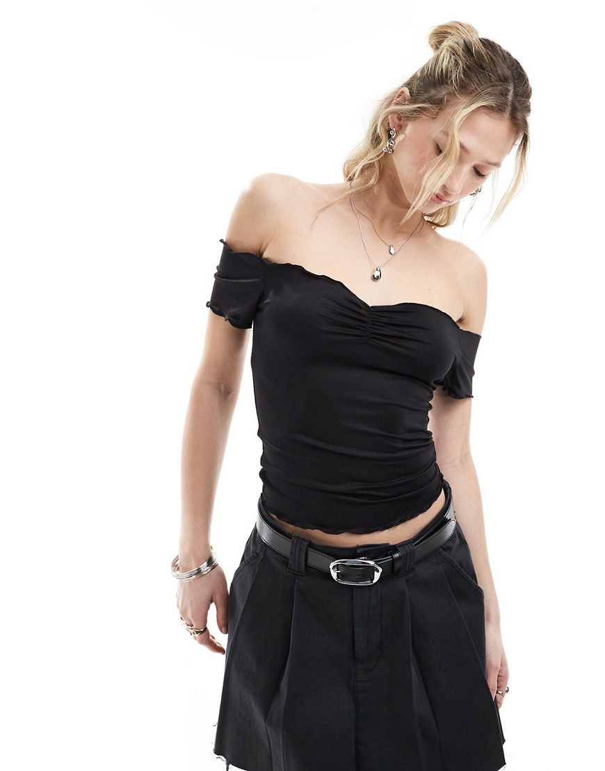 Monki off shoulder top with lettuce edge and ruched sweetheart front in black