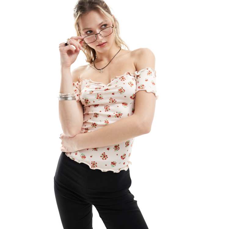Monki off shoulder top with lettuce edge and ruched