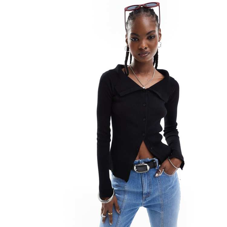 Monki off the shoulder long sleeve cardigan in black | ASOS