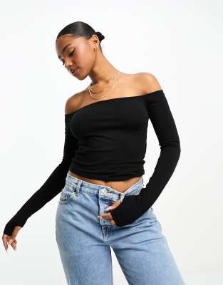 Monki Off The Shoulder Long Sleeve Top In Black