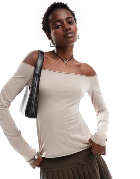 Monki off the shoulder relaxed fit long sleeve top in beige - view 1