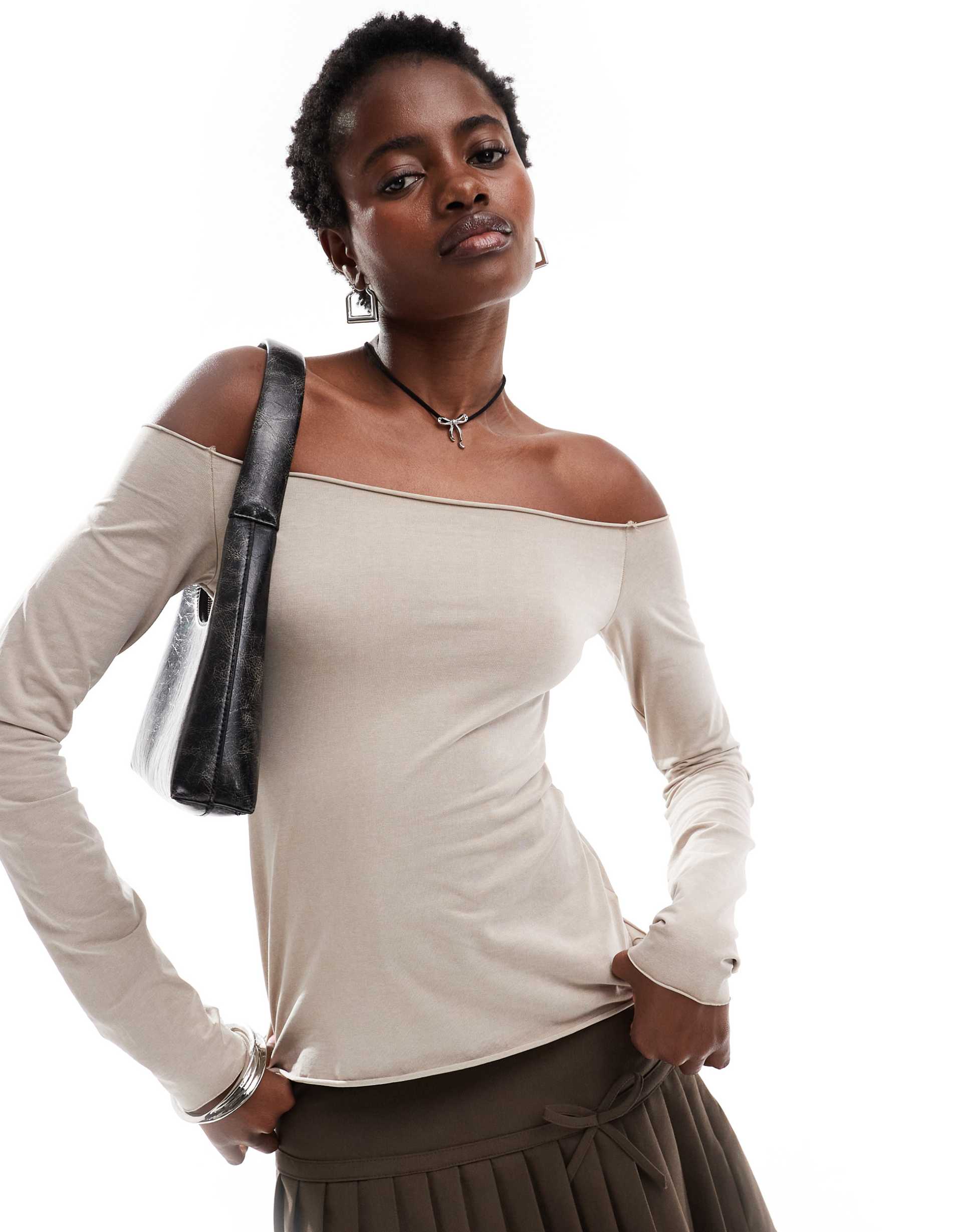 monki off the shoulder relaxed fit long sleeve top in beige