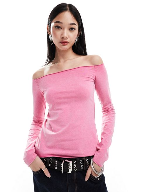 Monki off the shoulder relaxed fit long sleeve top in pink | ASOS