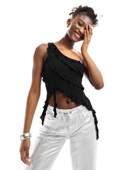 Ruffle trim store asymmetrical shoulder top