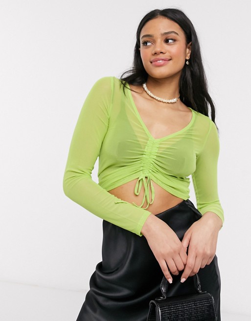 Monki Olle mesh ruched crop top in green