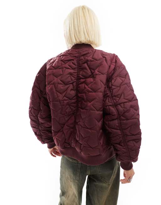 Monki - Omkeerbaar oversized bomberjack in bordeauxrood met doorgestikt stermotief en roze , 2 van 4