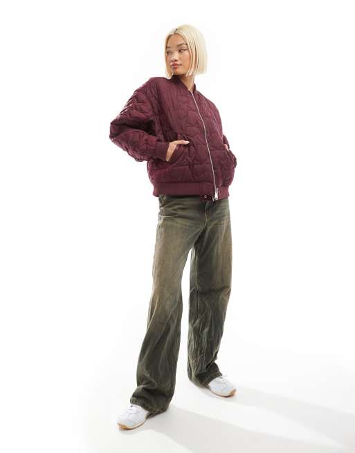 Monki - Omkeerbaar oversized bomberjack in bordeauxrood met doorgestikt stermotief en roze , 4 van 4