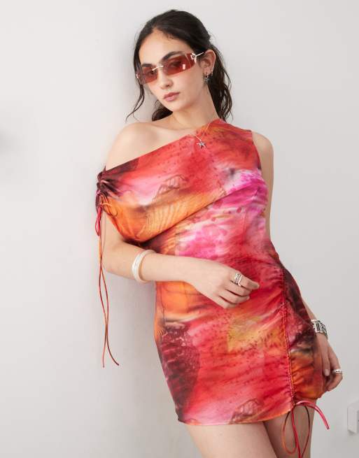 Monki one shoulder asymmetric ruched mini dress in pink and orange