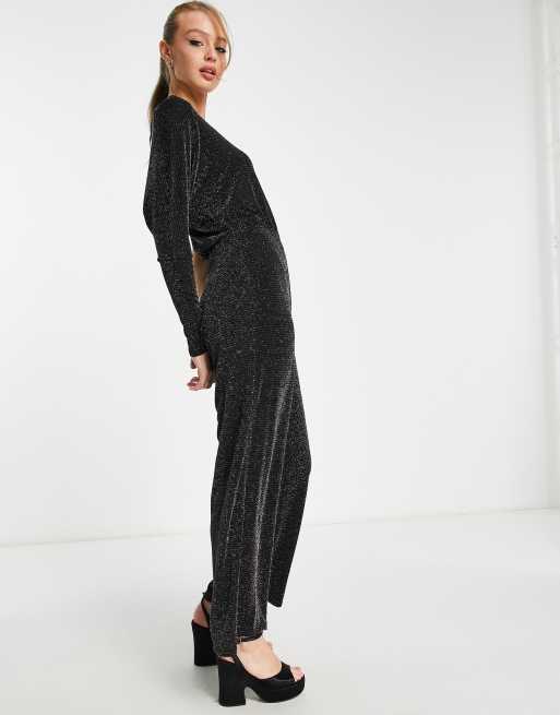 Monki one shoulder glitter jumpsuit in black