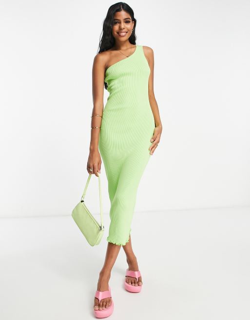 Monki one shoulder knit midi dress in bright green