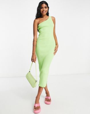 Monki one shoulder knitted midi dress in bright green