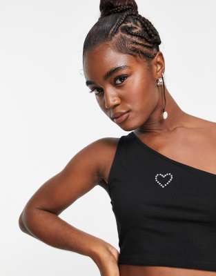 Monki One Shoulder Rhinestone Heart Cropped Top In Black