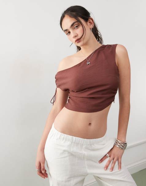 Monki one shoulder top with ruched sides and tie detail in dark brown - view 1