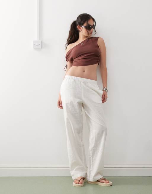 Monki one shoulder top with ruched sides and tie detail in dark brown, 2 of 4