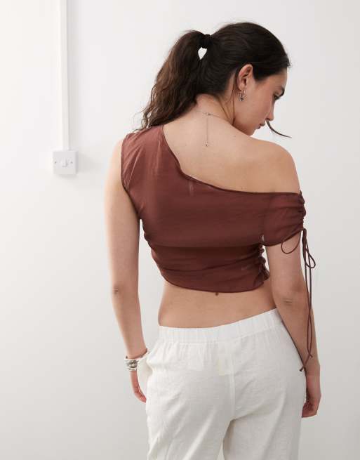 Monki one shoulder top with ruched sides and tie detail in dark brown, 4 of 4