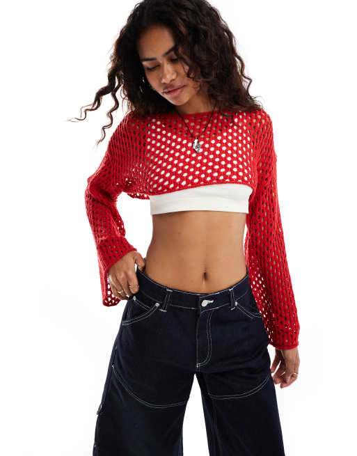 Monki open crochet knitted bolero super crop top in red | ASOS