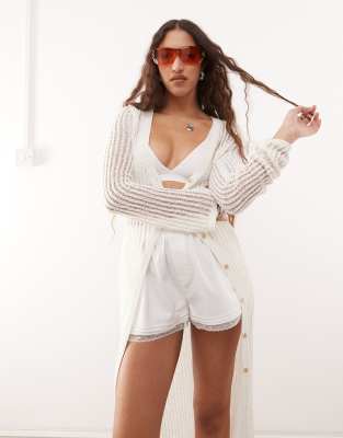 Monki Open Knit Maxi Cardigan In White