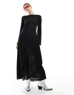 open knit pointelle beach maxi dress with long sleeves and open back in black