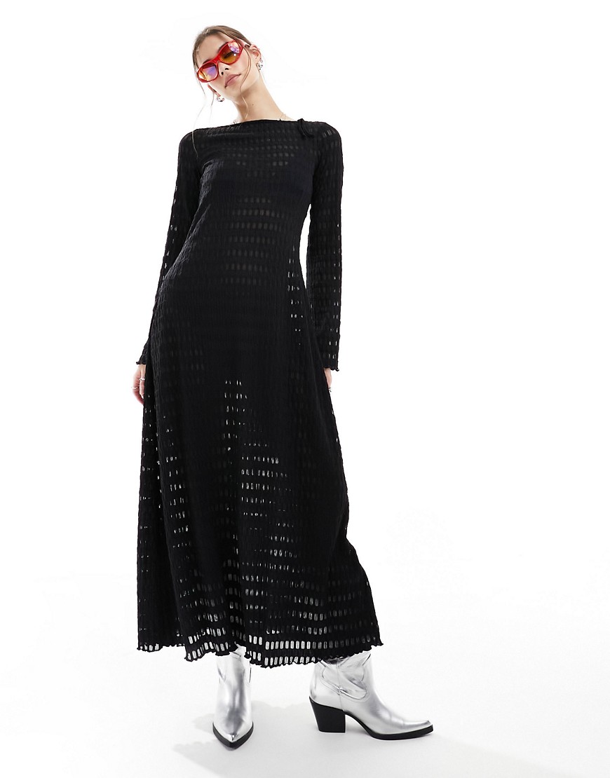 Monki open knit pointelle maxi dress with long sleeves and open back in black