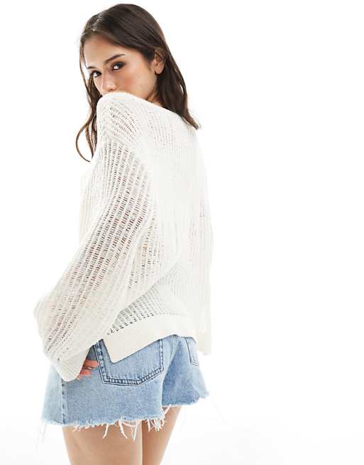 Monki open knit sweater with tie sides in white | ASOS Monki open knit sweater with tie sides in white | ASOS