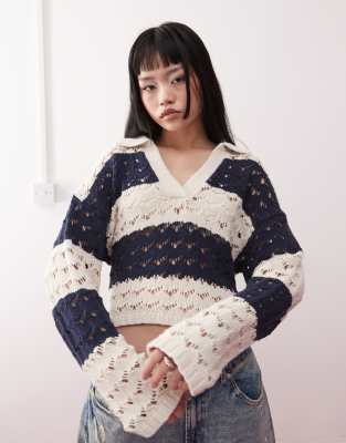 open stitch knit polo in black & beige-Neutral