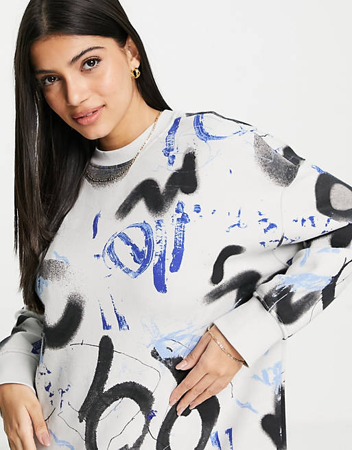 Women Monki organic blend cotton graffiti print oversize sweatshirt in multi 